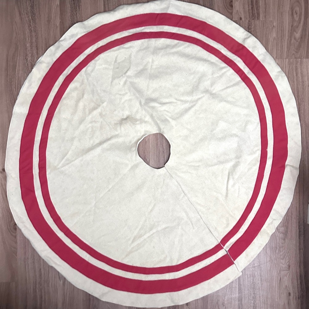 Serena & Lily 50" Wool Christmas Tree Skirt Red Racing Stripe Cream